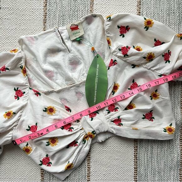 Farm Rio Mixed Cross Stitch Flowers Embroidered Long Balloon Sleeves Crop Top XL - Picture 6 of 14